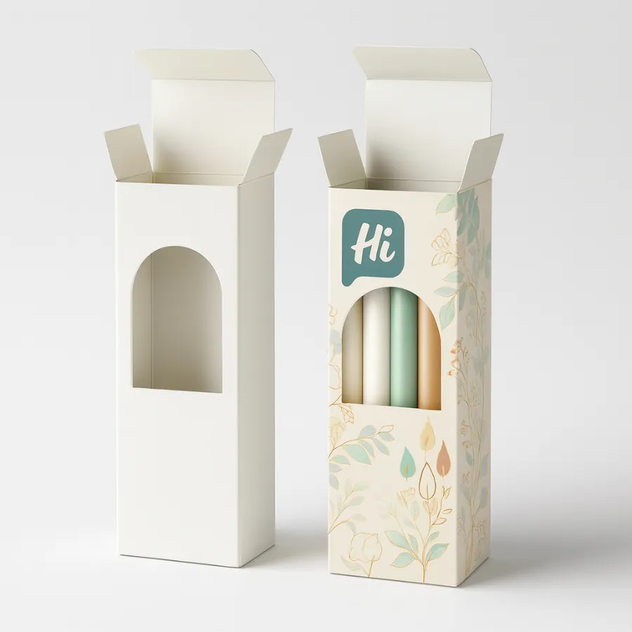 Tall white box and decorated box with arch window showing three coloured taper candles-